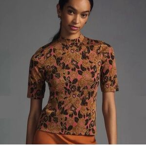 EUC Maeve Anthropologie szM Mock Neck Floral Print Short Sleeve Knit Top…